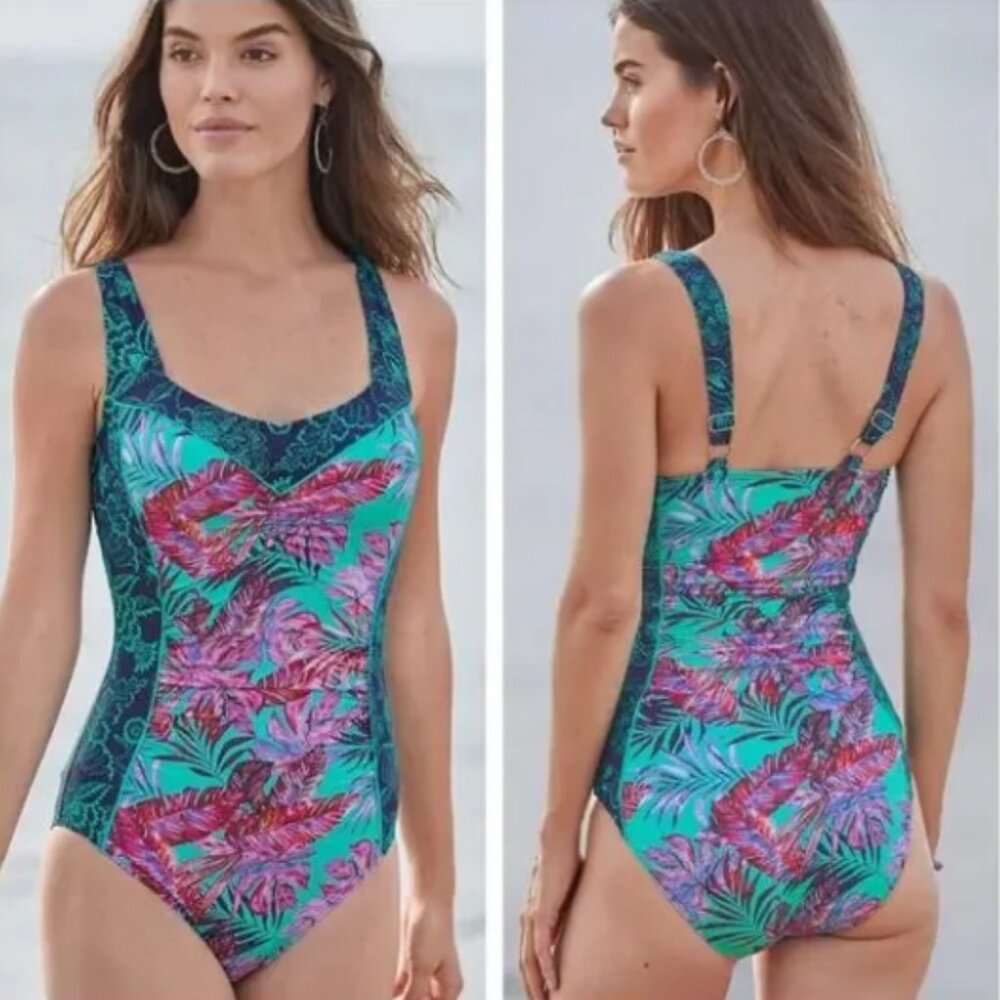 Sundance Tropical Floral Print Kailani Teal Ruched One Piece Swimsuit Size Small